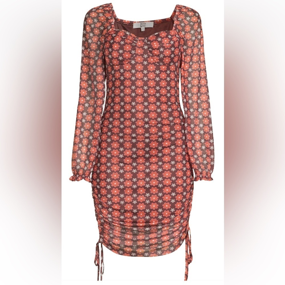 MADDEN NYC BROWN FLOWER PRINT CASUAL DRESSY RUCHED BODYCON DRESS NWT SZ XS